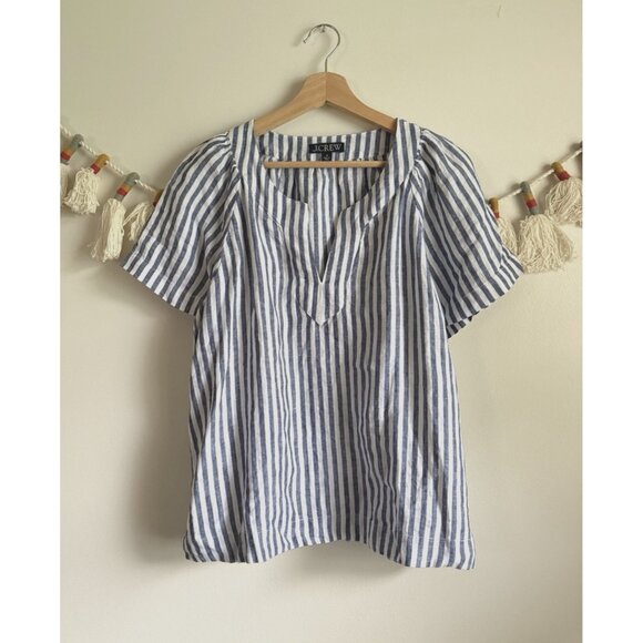J. Crew 100% Linen Flutter Sleeve Striped V-Neck Top Nautical Coastal Breathable - Picture 1 of 9